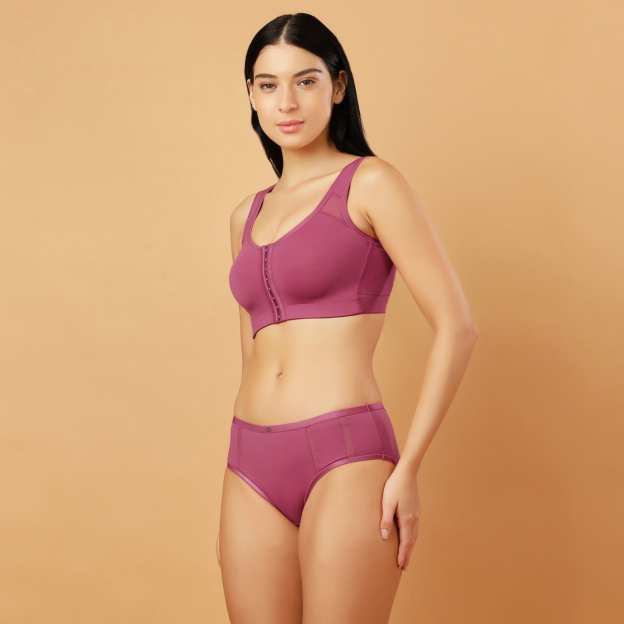 Front Closure Full Coverage Non Padded Non Wired Bra with High Waist Full Coverage Ultra Soft Mesh Panel Brief