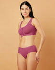 Front Closure Full Coverage Non Padded Non Wired Bra with High Waist Full Coverage Ultra Soft Mesh Panel Brief
