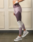 High-Waist Compression Waistband Ankle-Length Leggings with Tri-Color Block-AT-16