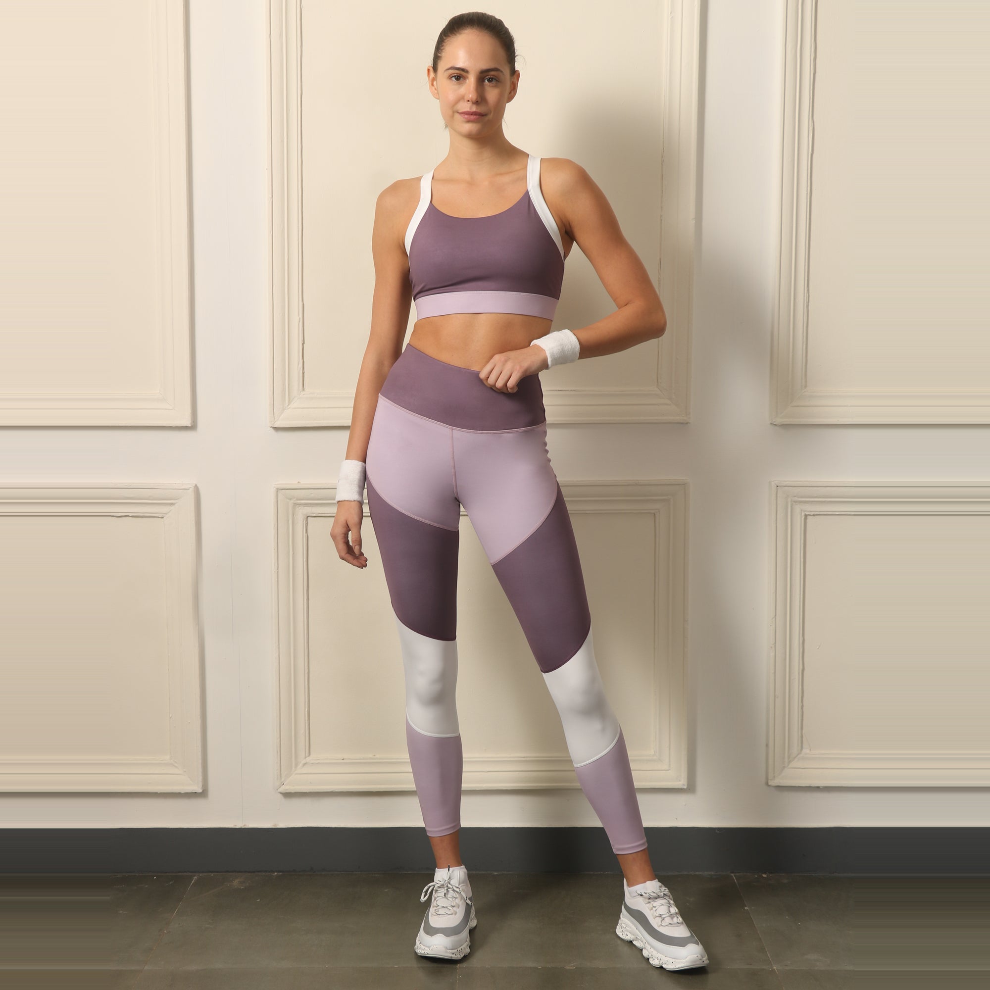 High-Waist Compression Waistband Ankle-Length Leggings with Tri-Color Block-AT-16