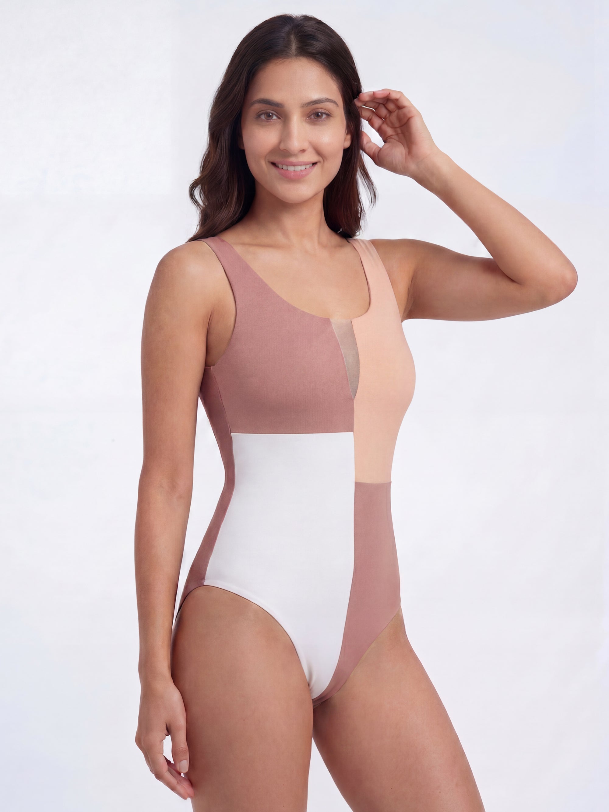 Three-Tone Mesh Front Padded Sleeveless Monokini