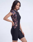 Oriental Print High-Neck Front-Zip Cap Sleeve Swimsuit
