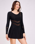 Full Sleeves V-neck Mid Thigh Length Swim Dress with Attached Shorts- AQS-9