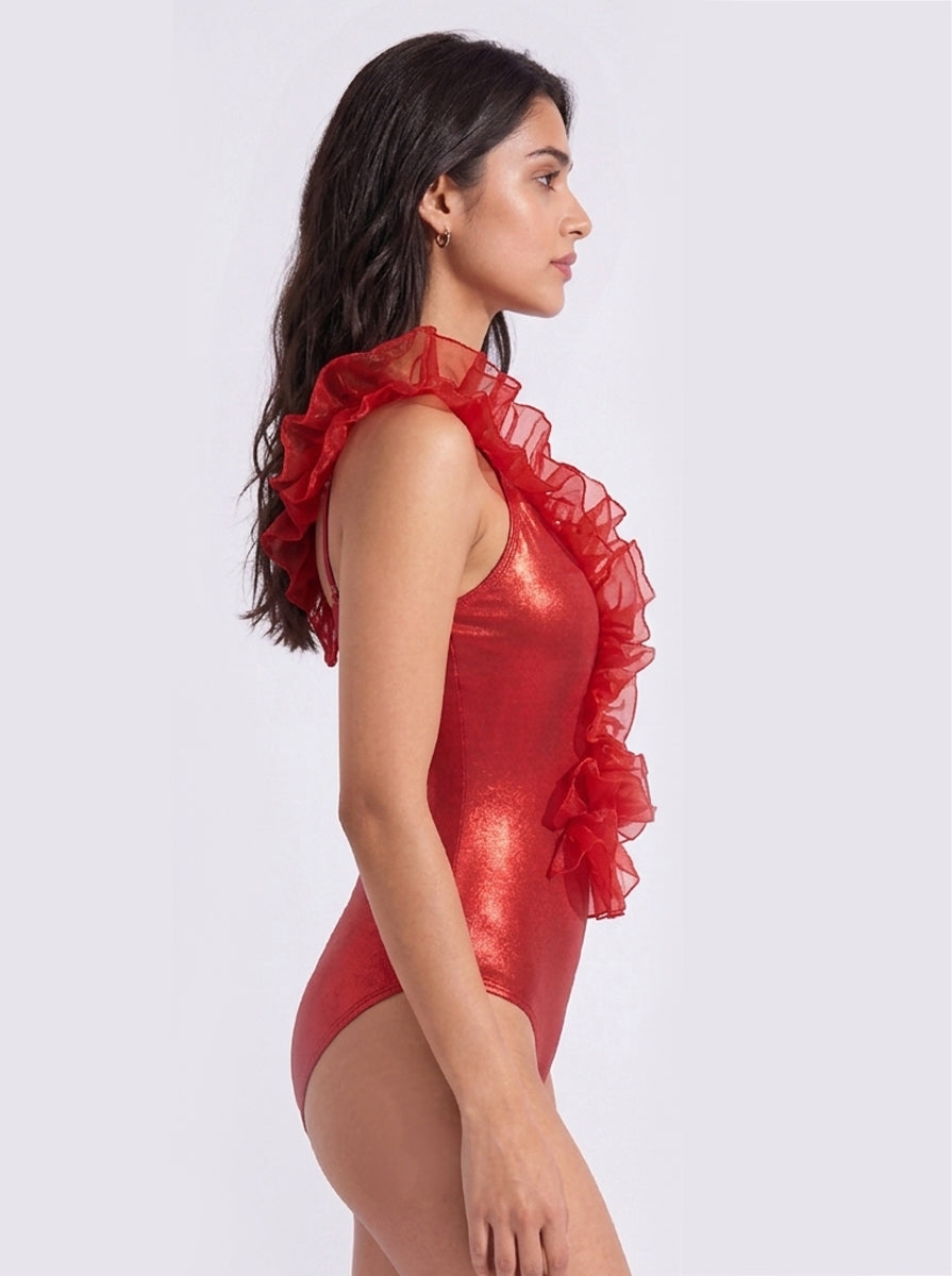 One-Shoulder Diagonal Ruffle Shimmer Monokini