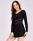 Full Sleeves V-neck Mid Thigh Length Swim Dress with Attached Shorts- AQS-9