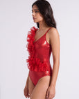 One-Shoulder Diagonal Ruffle Shimmer Monokini