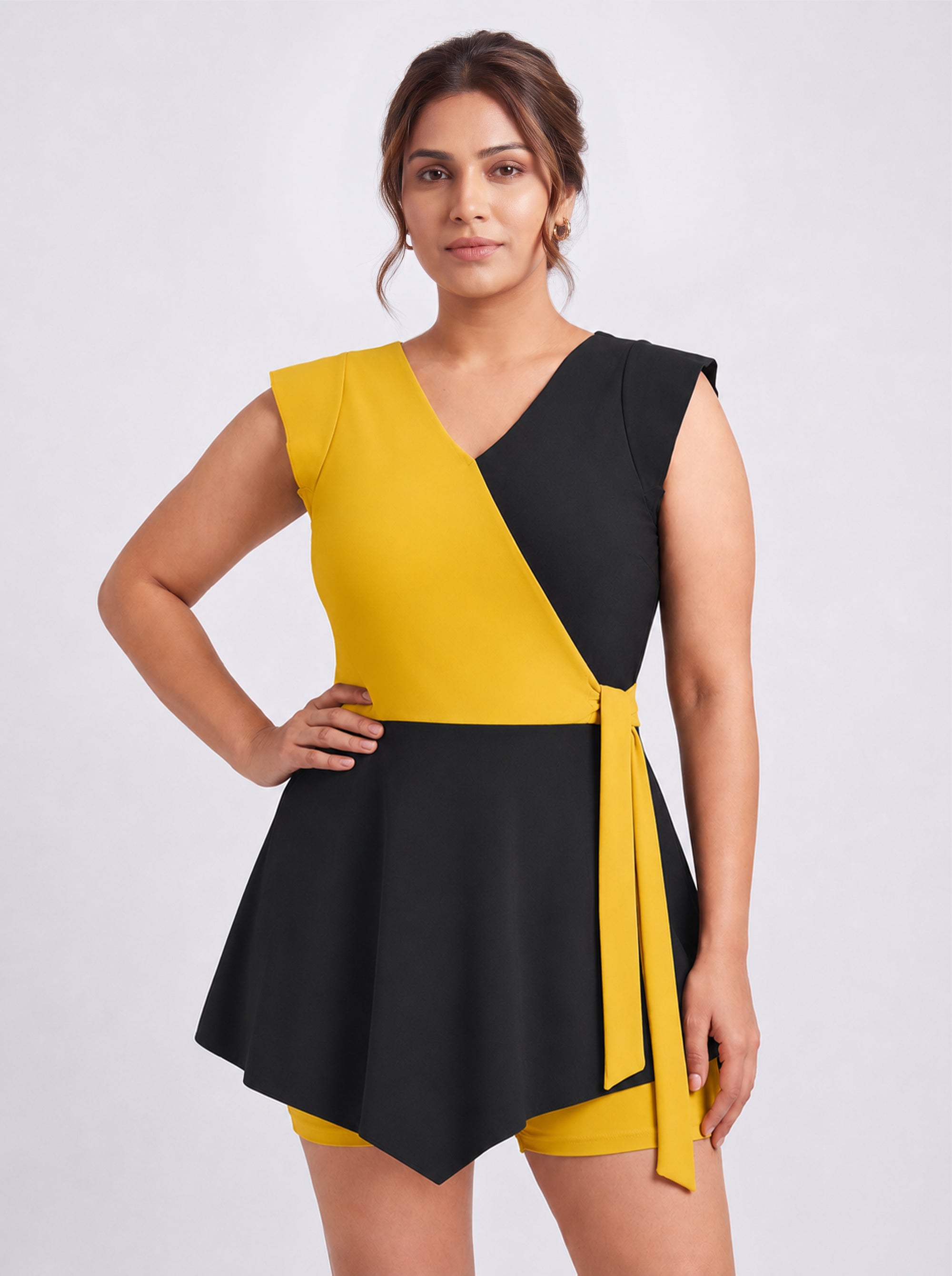 Colour Block V-Neck Skirted Swimsuit with Hot Pants