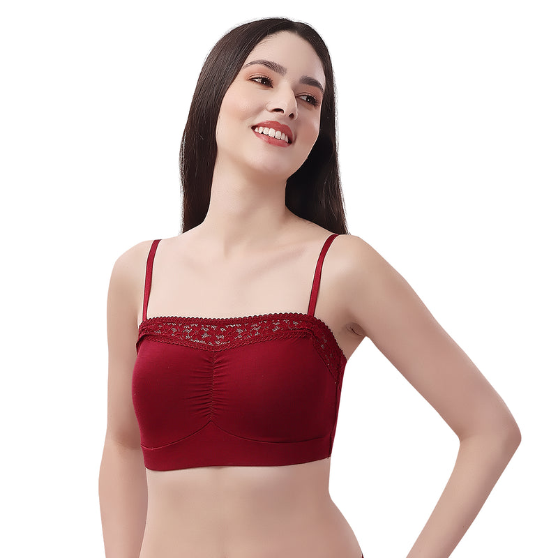 Non Wired Micro Modal Stretch Lacy Bandeau Bra with Removable Pads and Detachable Straps