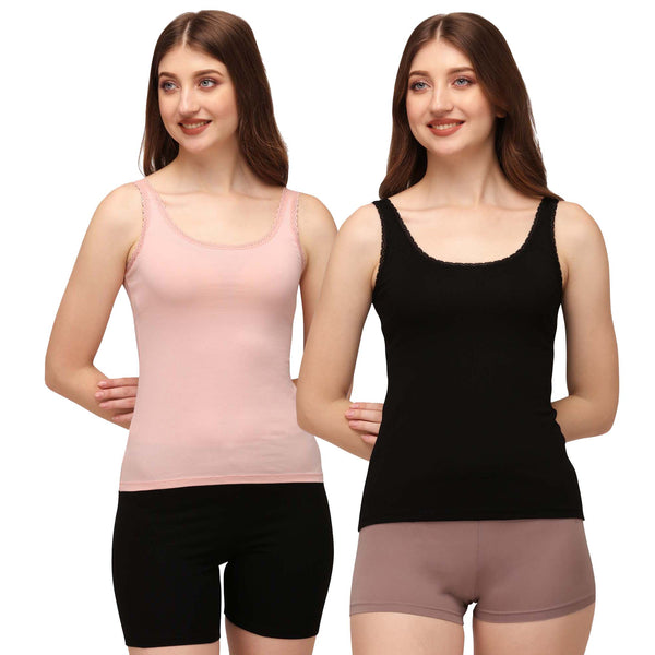 Cotton Spandex Camisole with Lace Detailing- SC-10 (Pack of 2)