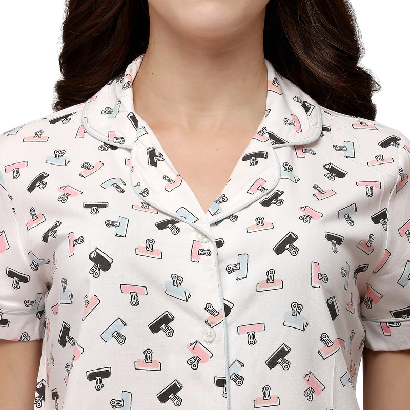 3 pc Half Sleeve Printed Shirt, Pyjama and Shorts Coordinate Loungewear Set