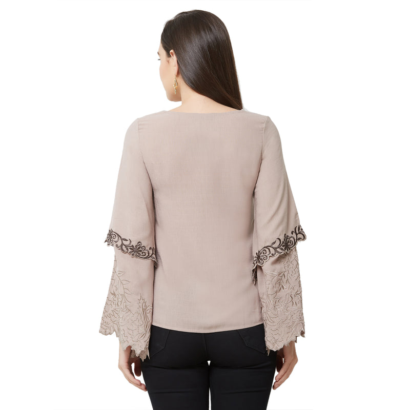 SOIE Women's Bell sleeve Embroidered Top