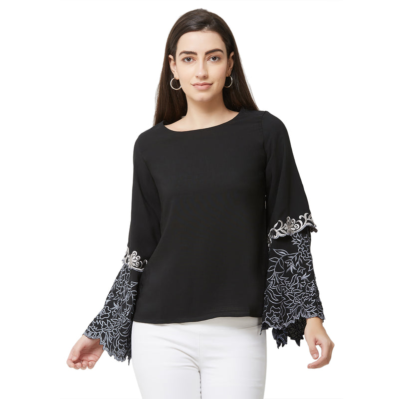 Soie Women's Bell Sleeve Embroidered Top