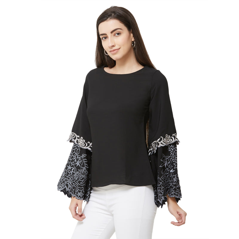 SOIE Women's Bell sleeve Embroidered Top