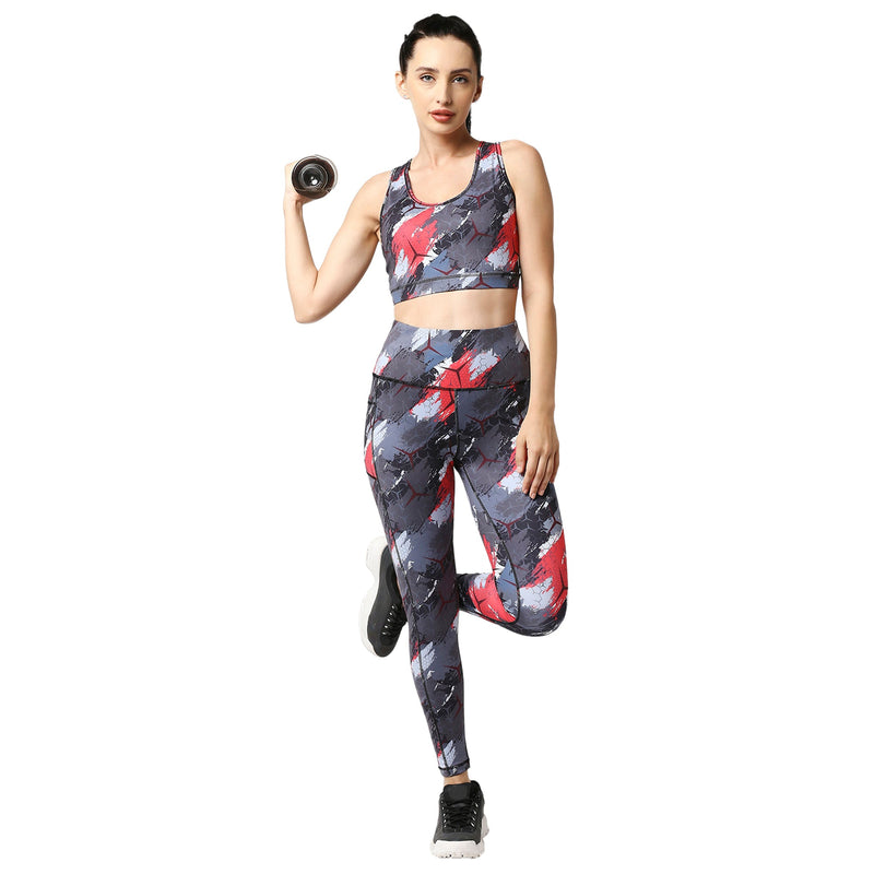 Set of Medium Impact Racerback Sports Bra with High Waist Ankle Length Sports Leggings With Pockets