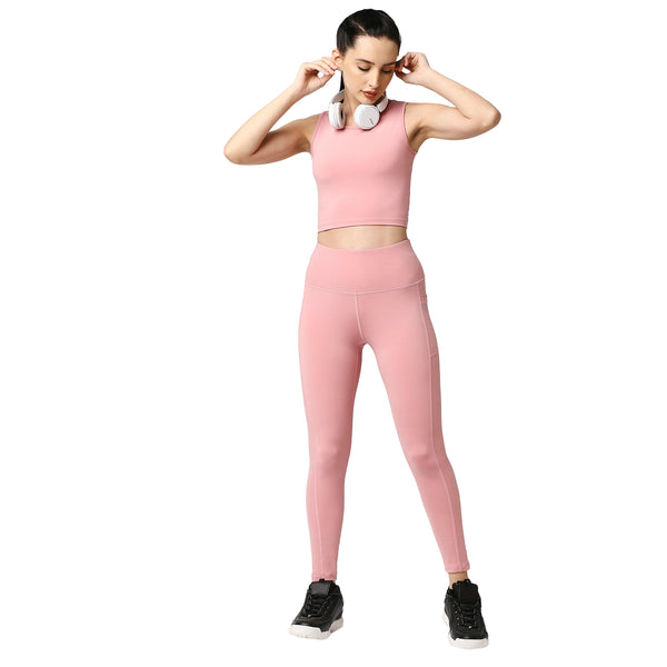 Set of Sleeveless Sports Crop Top and High Waist Ankle Length Sports Leggings With Pockets