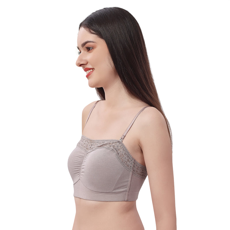 Non Wired Micro Modal Stretch Lacy Bandeau Bra with Removable Pads and Detachable Straps