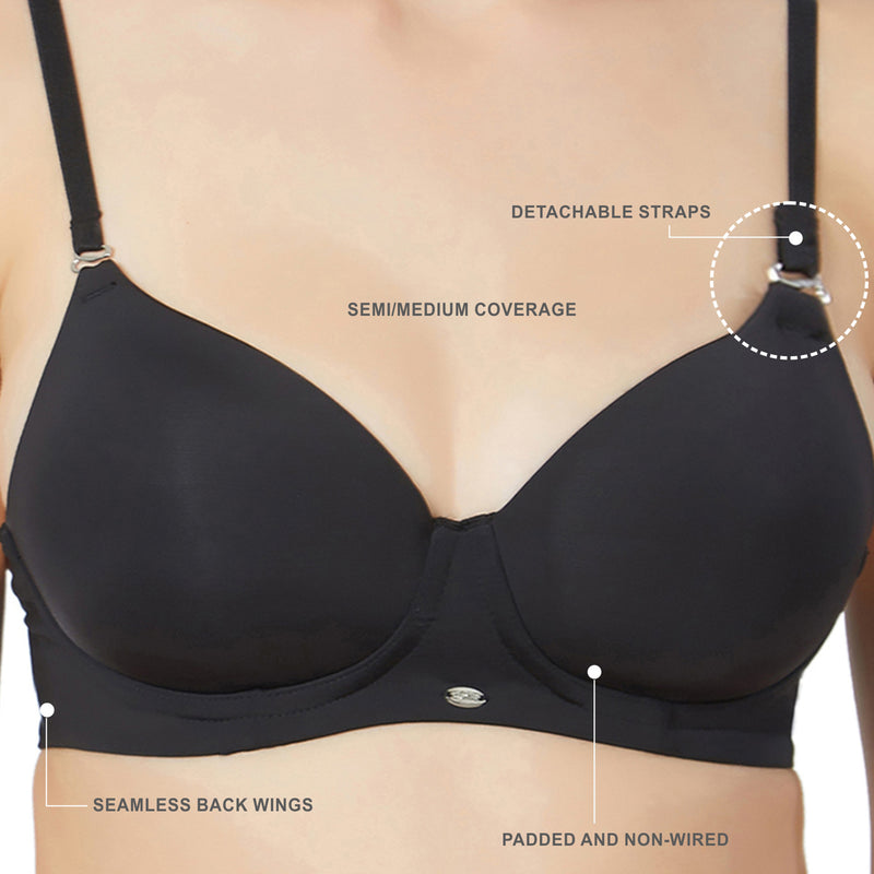Semi/Medium Coverage Padded Non-Wired T-shirt Bra with Detachable Stra –  SOIE Woman