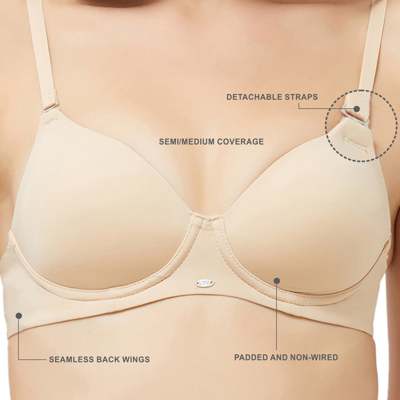 Semi/Medium Coverage Padded Non-Wired T-shirt Bra with Detachable Stra –  SOIE Woman