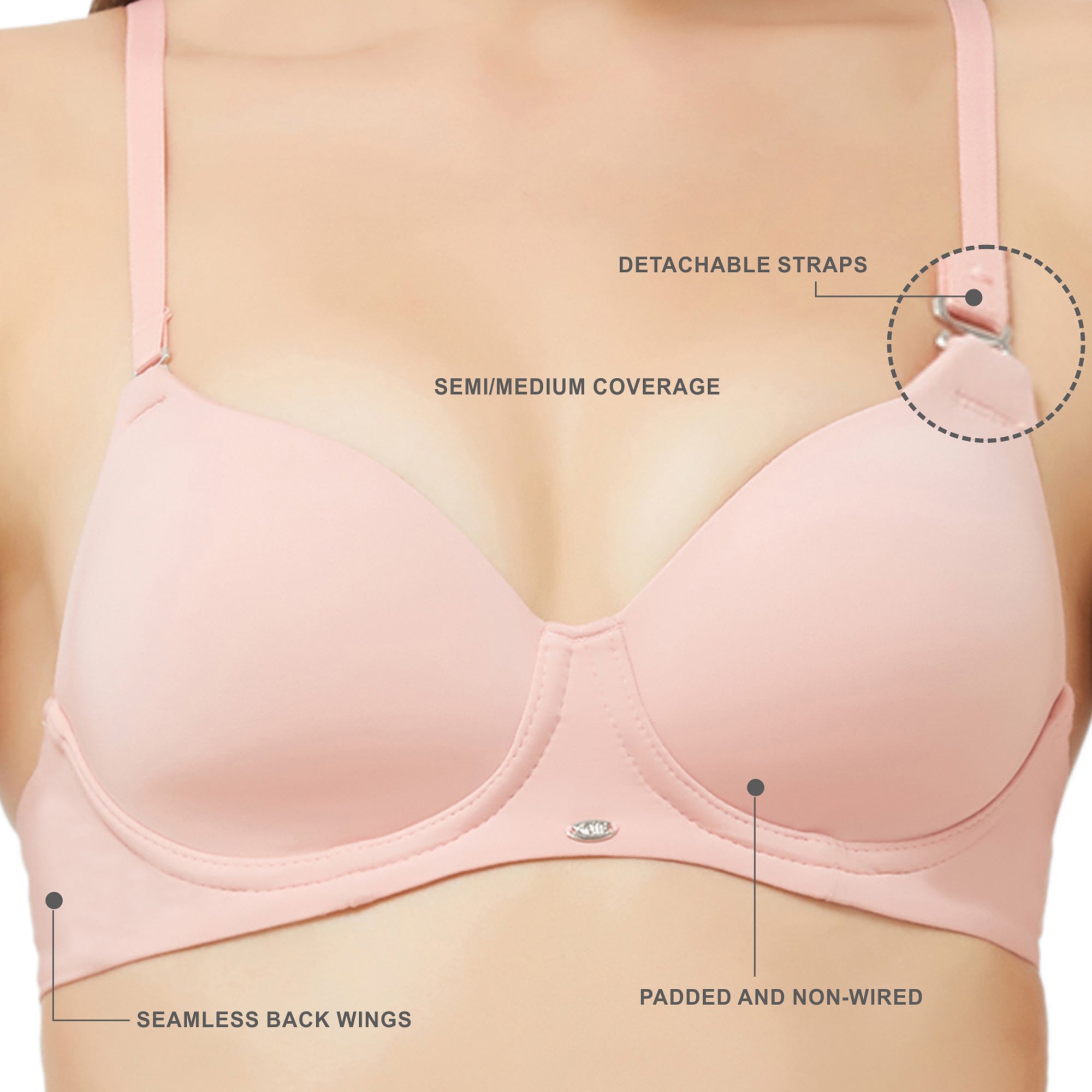 Semi/Medium Coverage Padded Non Wired T-shirt Bra with Detachable Straps-CB-125