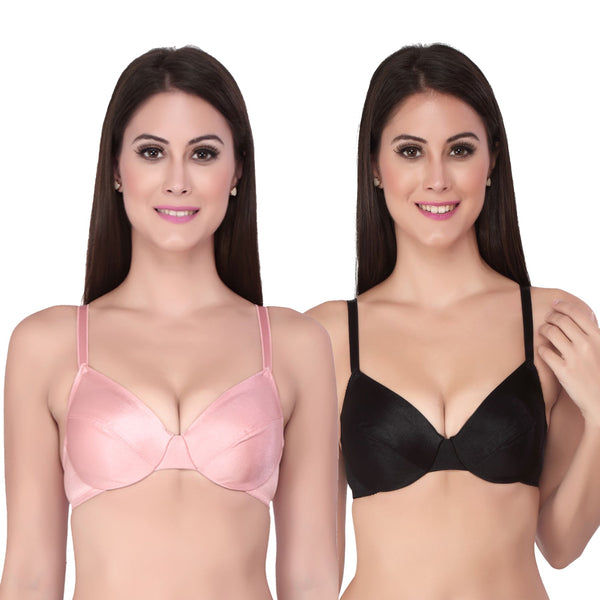 Semi/Medium Coverage Padded Wired Lace Demi Cup Bra (Pack Of 2