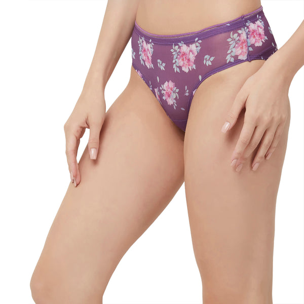 Violet Printed Mesh Fabric Hipster Brief-FP-1532