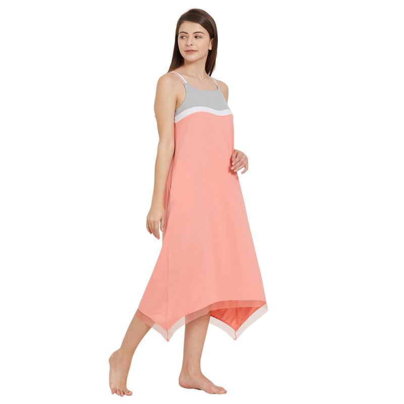 3/4th Length Strappy Colour Blocked Nighty-NT-91
