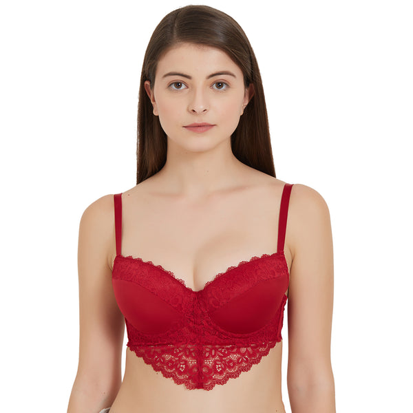 SOIE Women's Semi Coverage Padded Wired Lace Demi Cup Bra with Lacy Brief  Red (Set of 2) (32C)