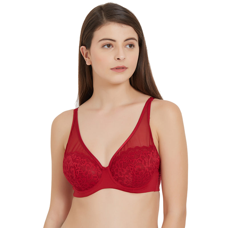 Medium Coverage Non Padded Wired Lace Plunge Neck Bra-FB-544-Wild Red
