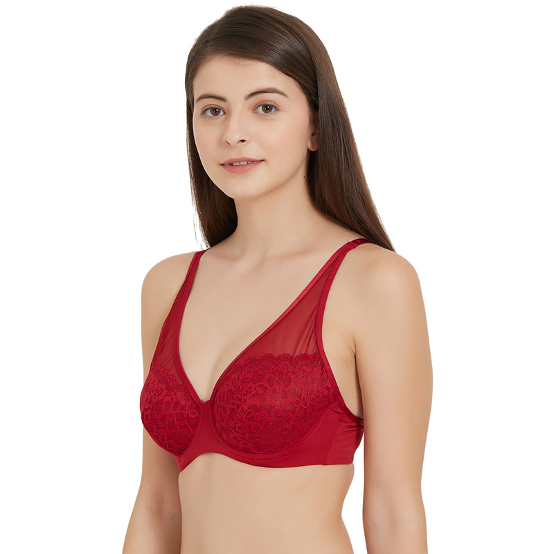 Medium Coverage Non Padded Wired Lace Plunge Neck Bra-FB-544-Wild Red