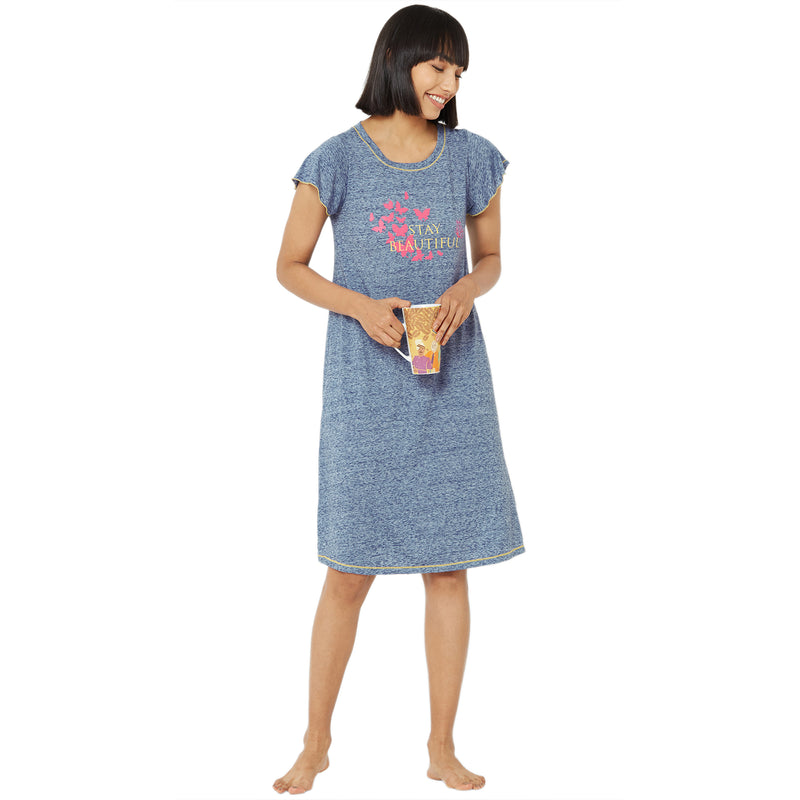 Flared Sleeve Sleep Shirt with a Round Neckline-NT-62