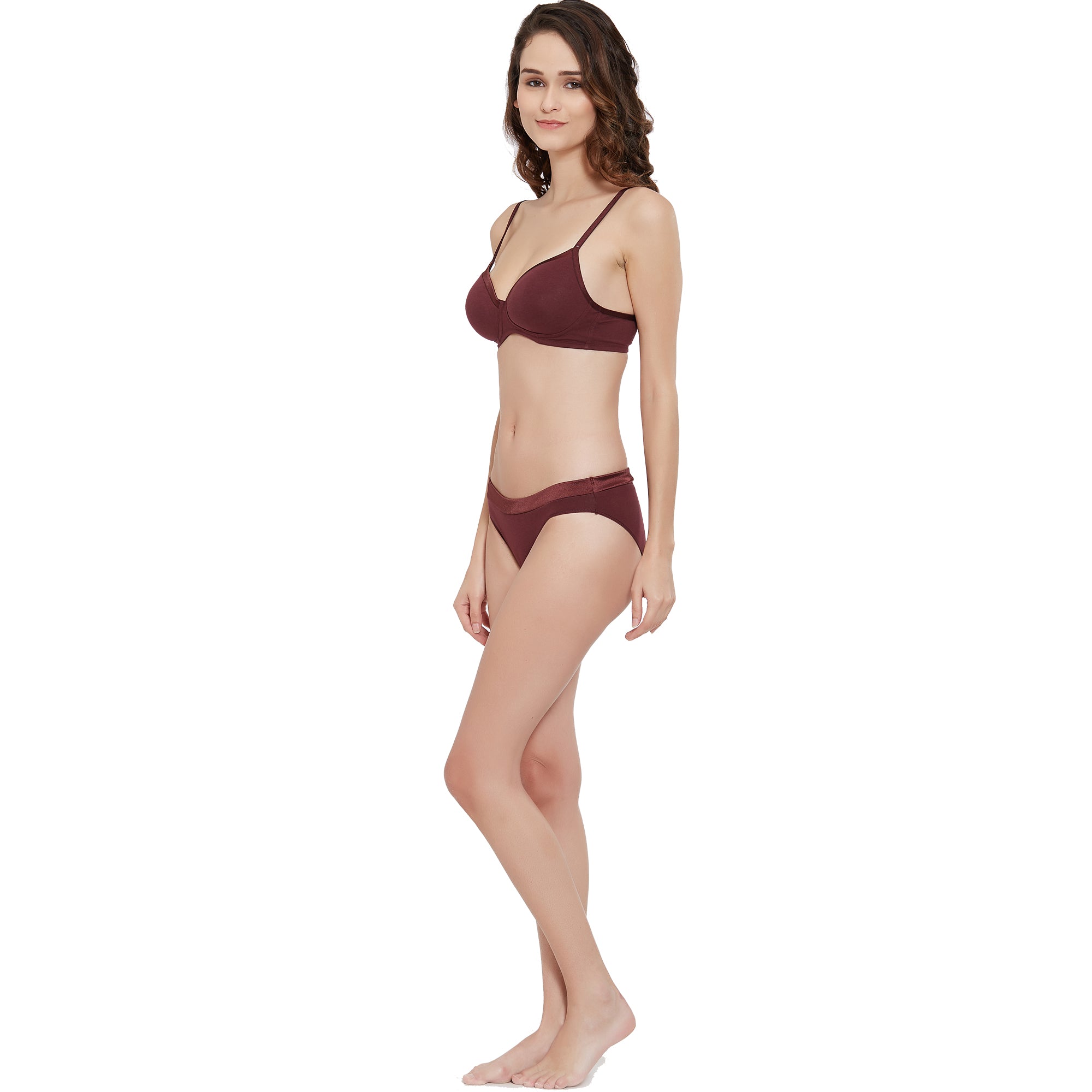 Semi/Medium Coverage Padded Non Wired Satin Panelled T-shirt Bra with Low Rise Bikini - 104-1103